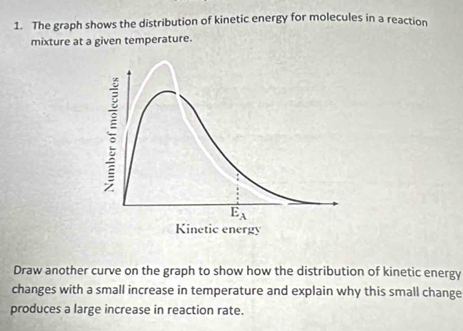 The graph shows the distribution of kinetic energy for molecules in a reaction
mixture at a given temperature.
Draw another curve on the graph to show how the distribution of kinetic energy
changes with a small increase in temperature and explain why this small change
produces a large increase in reaction rate.