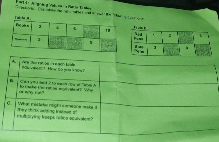 Aligning Values in Ratio Tables 
Directions: Complete the ratio tables and answer the following questions: 
Tab