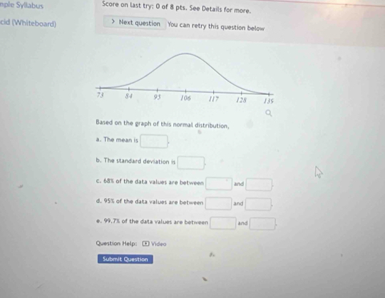 nple Syllabus Score on last try: 0 of 8 pts. See Details for more. 
cid (Whiteboard) Next question You can retry this question below 
Based on the graph of this normal distribution, 
a. The mean is □. 
b. The standard deviation is □. 
c. 68% of the data values are between □ and □. 
d. 95% of the data values are between □ and □. 
e. 99.7% of the data values are between □ and □. 
Question Help: ) Video 
8. 
Submit Question