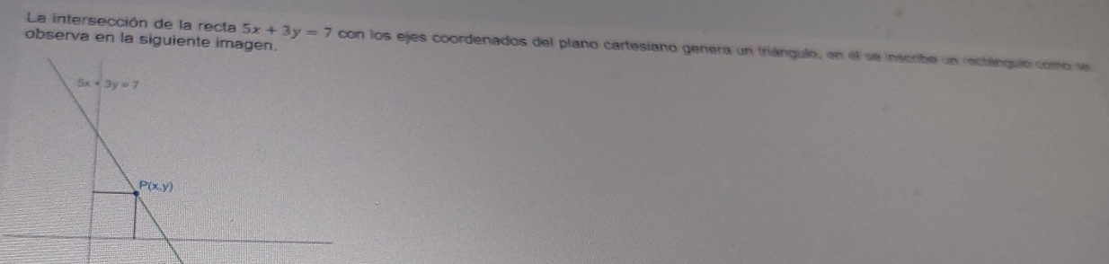 observa en la siguiente image
La intersección de la recta 5x+3y=7 con los ejes coordenados del plano cartesiano genera un triángulo, en el se inscribe un rectángulo como se