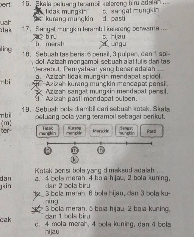 berti 16. Skala peluang terambil kelereng biru adalah ....
tidak mungkin c. sangat mungkin
kurang mungkin
uah d. pasti
otak 17. Sangat mungkin terambil kelereng berwarna ..... biru c. hijau
b. merah A ungu
ling 18. Sebuah tas berisi 6 pensil, 3 pulpen, dan 1 spi-
dol. Azizah mengambil sebuah alat tulis dari tas
tersebut. Pernyataan yang benar adalah ....
a. Azizah tidak mungkin mendapat spidol.
mbil b. Azizah kurang mungkin mendapat pensil.
Azizah sangat mungkin mendapat pensil.
d. Azizah pasti mendapat pulpen.
19. Sebuah bola diambil dari sebuah kotak. Skala
mbil peluang bola yang terambil sebagai berikut.
(m)
Tidak Kurang Sangat
ter- mungkin mungkin Mungkin mungkin Pasti
b m h
k
Kotak berisi bola yang dimaksud adalah ....
dan a. 4 bola merah, 4 bola hijau, 2 bola kuning,
gkin dan 2 bola biru
3 bola merah, 6 bola hijau, dan 3 bola ku-
ning
3 bola merah, 5 bola hijau, 2 bola kuning,
dan 1 bola biru
dak d. 4 mola merah, 4 bola kuning, dan 4 bola
hijau