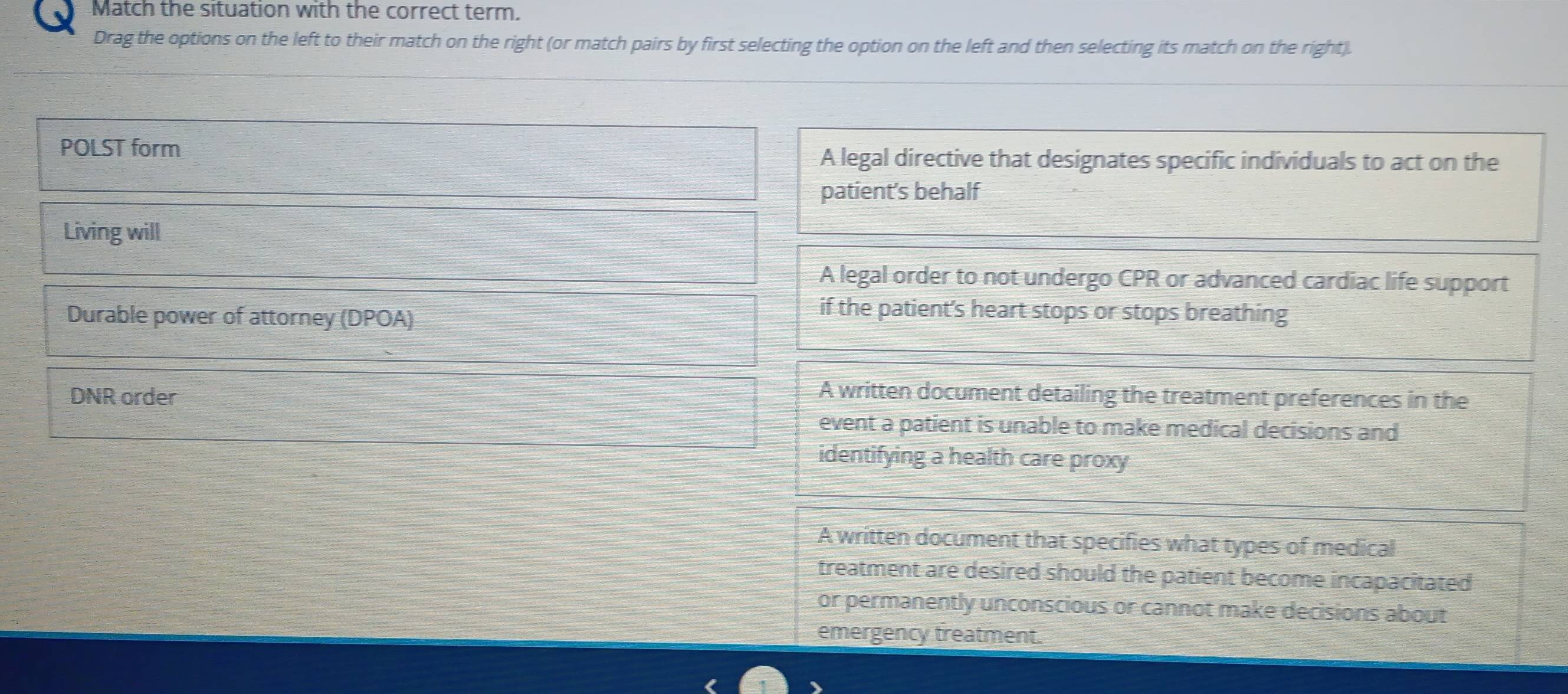 Match the situation with the correct term.
Drag the options on the left to their match on the right (or match pairs by first selecting the option on the left and then selecting its match on the right).
POLST form A legal directive that designates specific individuals to act on the
patient’s behalf
Living will
A legal order to not undergo CPR or advanced cardiac life support
Durable power of attorney (DPOA)
if the patient's heart stops or stops breathing
DNR order A written document detailing the treatment preferences in the
event a patient is unable to make medical decisions and
identifying a health care proxy
A written document that specifies what types of medical
treatment are desired should the patient become incapacitated
or permanently unconscious or cannot make decisions about
emergency treatment.