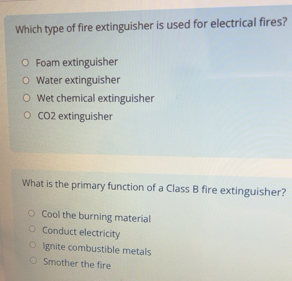Solved: Which type of fire extinguisher is used for electrical fires ...