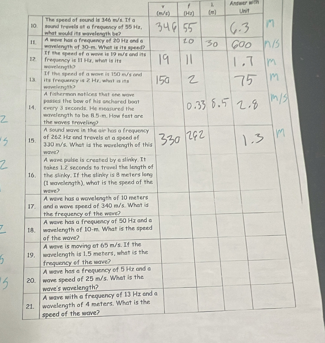 λ Answer with
(m/s) (Hz) (m) Unit