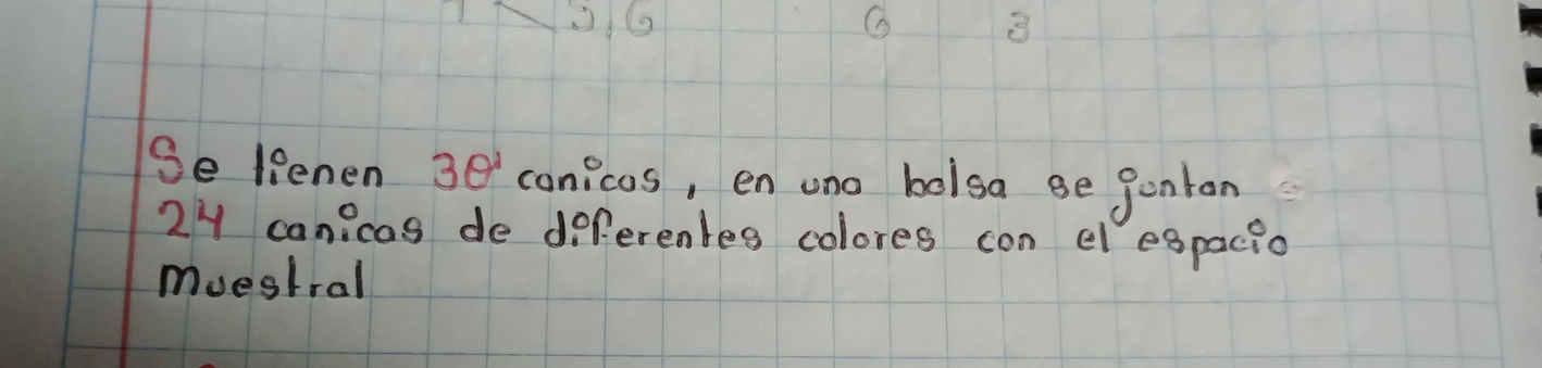 3.6
G 3
Se lienen 3θ ' conicos, en ono bolsa ge gonton 
2y canicas de deferentes colores con elespacio 
muestral