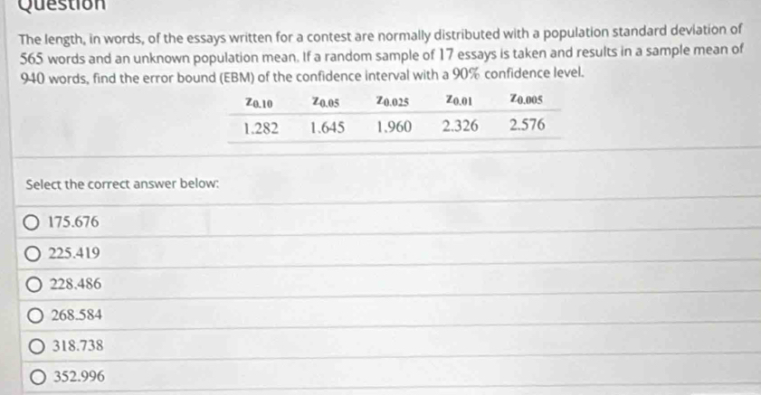 Question
The length, in words, of the essays written for a contest are normally distributed with a population standard deviation of
565 words and an unknown population mean. If a random sample of 17 essays is taken and results in a sample mean of
940 words, find the error bound (EBM) of the confidence interval with a 90% confidence level.
Select the correct answer below:
175.676
225.419
228.486
268.584
318.738
352.996