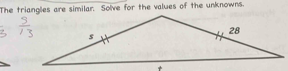 The triangles are similar. Solve for the values of the unknowns.