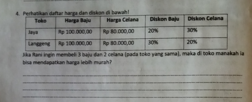 di bawah! 
Jika Rani ingin membeli 3 baju dan 2 celana (pada toko yang sama), maka di toko manakah ia 
bisa mendapatkan harga lebih murah? 
_ 
_ 
_ 
_