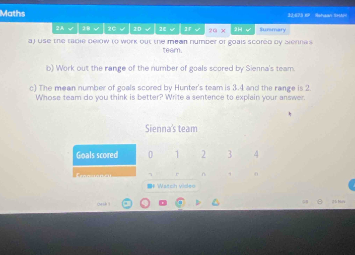 Maths 32.673 1: Rehaan SHAH 
2A 28 2C 2D 2E 2F 2G* 2H Summary 
a) Use the tabie below to work out the mean number or goals scored by Sienna's 
team. 
b) Work out the range of the number of goals scored by Sienna's team 
c) The mean number of goals scored by Hunter's team is 3.4 and the range is 2. 
Whose team do you think is better? Write a sentence to explain your answer. 
Sienna’s team 
Goals scored 0 1 2 3 4
r 1 0 
Watch video 
Desk 1 25 Nuv