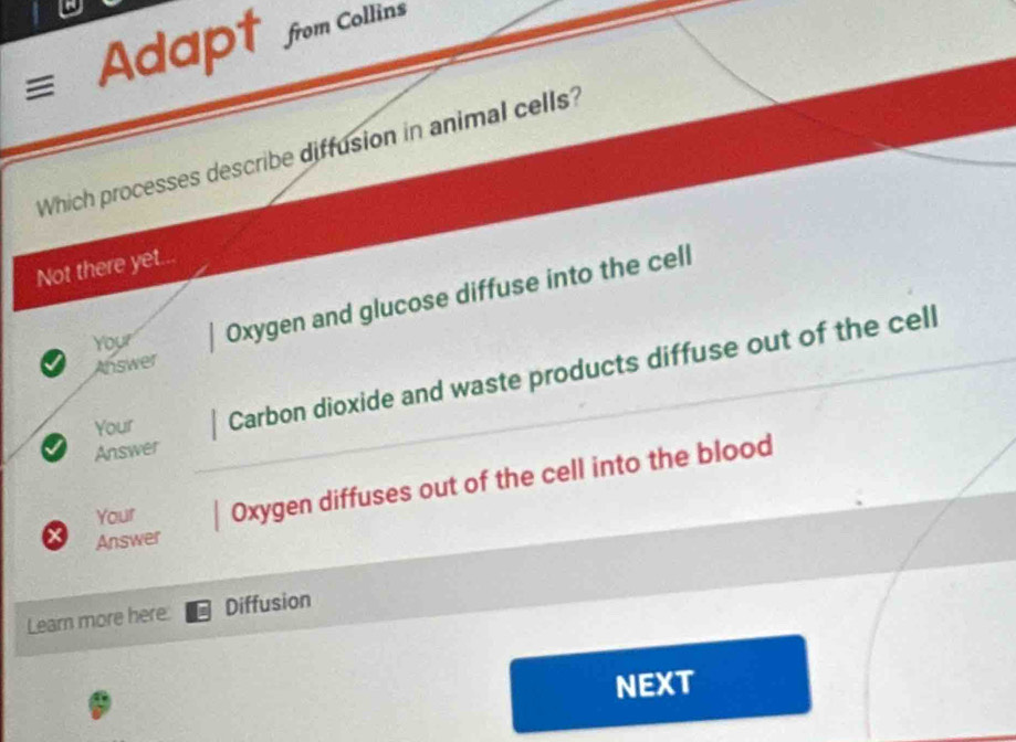 ≡ Adapt from Collins 
Which processes describe diffusion in animal cells? 
Not there yet... 
Your Oxygen and glucose diffuse into the cell 
Answer 
Your Carbon dioxide and waste products diffuse out of the cell 
√ Answer 
Your Oxygen diffuses out of the cell into the blood 
Answer 
Learn more here Diffusion 
NEXT