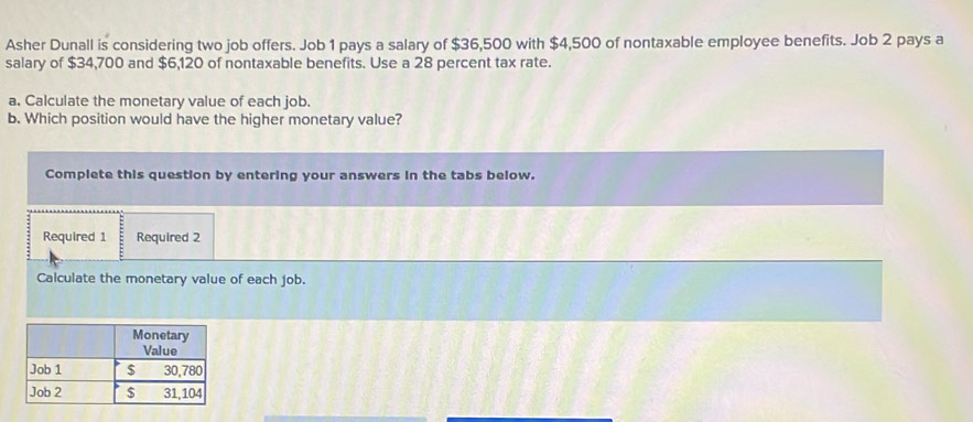 Solved: Asher Dunall is considering two job offers. Job 1 pays a salary ...