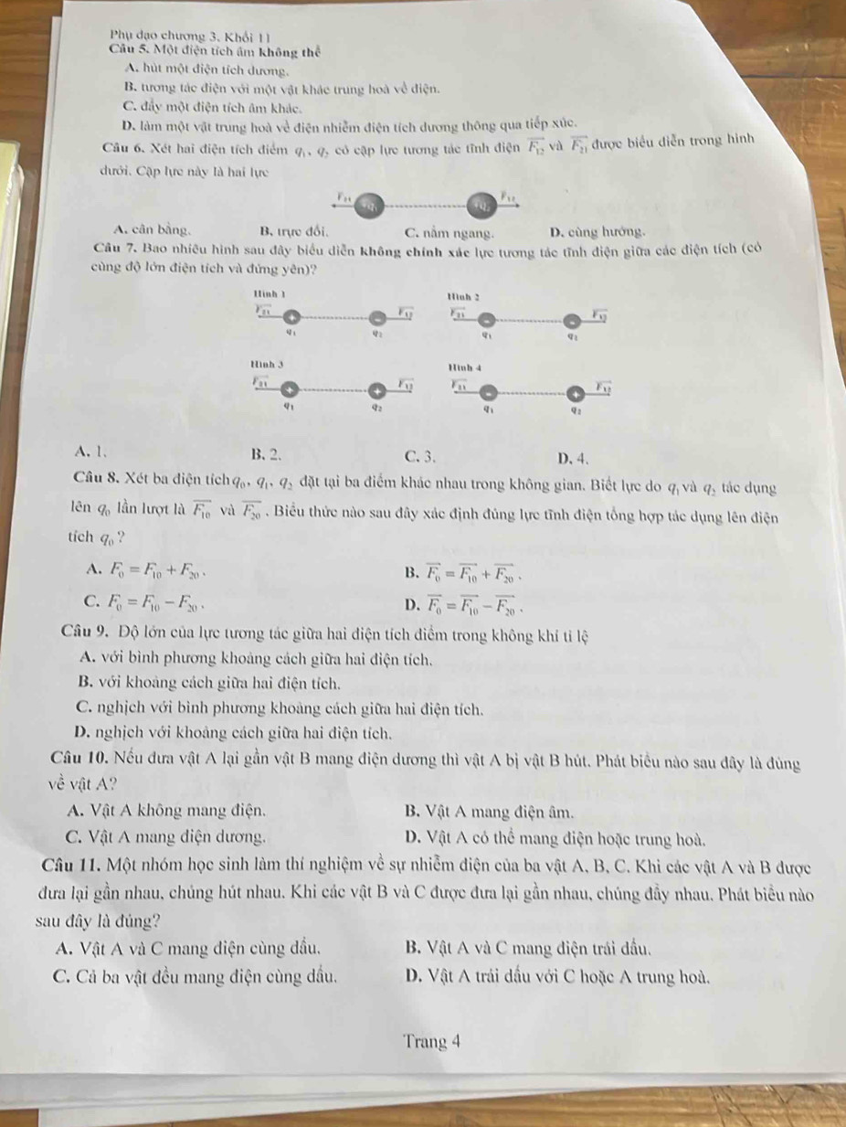 Phụ đạo chương 3. Khối 11
Câu 5. Một điện tích âm không thể
A. hút một điện tích dương.
B. tương tác điện với một vật khác trung hoà về điện.
C. đẩy một điện tích âm khác.
D. làm một vật trung hoà về điện nhiễm điện tích dương thông qua tiếp xúc.
Câu 6. Xét hai điện tích điểm q, q, có cập lực tương tác tĩnh điện vector F_12 vù overline F_21 được biểu diễn trong hình
dưới. Cập lực này là hai lực
F
P_11
f
A. cân bằng. B. trực đổi. C. nằm ngang. D. cùng hướng.
Câu 7. Bao nhiều hình sau đây biểu diễn không chính xác lực tương tác tĩnh điện giữa các điện tích (có
cùng độ lớn điện tích và đứng yên)?
A. 1, B. 2. C. 3. D. 4.
Câu 8. Xét ba điện tích q_0,q_1,q_2 đặt tại ba điểm khác nhau trong không gian. Biết lực do q_1 và q_2 tác dụng
lên q_0 lần lượt là overline F_10 và overline F_20. Biểu thức nào sau đây xác định đúng lực tĩnh điện tổng hợp tác dụng lên điện
tích q_0 ?
A. F_0=F_10+F_20. B. vector F_0=vector F_10+vector F_20.
C. F_0=F_10-F_20. D. vector F_0=vector F_10-vector F_20.
Câu 9. Độ lớn của lực tương tác giữa hai điện tích điểm trong không khí tỉ lệ
A. với bình phương khoảng cách giữa hai điện tích.
B. với khoảng cách giữa hai điện tích.
C. nghịch với bình phương khoảng cách giữa hai điện tích.
D. nghịch với khoảng cách giữa hai điện tích.
Câu 10. Nếu đưa vật A lại gần vật B mang điện dương thì vật A bị vật B hút. Phát biểu nào sau dây là đùng
vhat e vật A?
A. Vật A không mang điện. B. Vật A mang điện âm.
C. Vật A mang điện dương. D. Vật A có thể mang điện hoặc trung hoà.
Câu 11. Một nhóm học sinh làm thí nghiệm về sự nhiễm điện của ba vật A, B, C. Khi các vật A và B được
đưa lại gần nhau, chúng hút nhau. Khi các vật B và C được đưa lại gần nhau, chúng đầy nhau. Phát biểu nào
sau đây là đúng?
A. Vật A và C mang diện cùng dầu. B. Vật A và C mang điện trái đầu.
C. Cả ba vật đều mang điện cùng dầu. D. Vật A trái dấu với C hoặc A trung hoà.
Trang 4