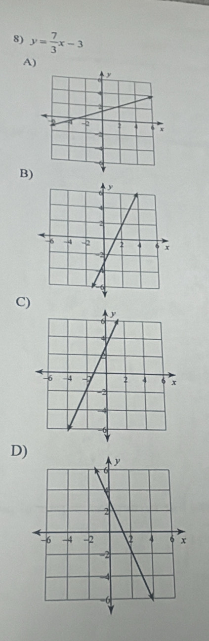 y= 7/3 x-3
A) 
B) 
C) 
D