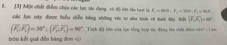 [3] Một chất điểm chịu các lực tác dụng có độ lớn lần lượt là F_1=60N; F_2=30N; F_3=40N. 
các lực này được biểu diễn bằng những véc tơ như hình vẽ dưới đây. Biết (vector F_1;vector F_2)=60°;
(vector F_1; vector F_3)=30°; (vector F_2;vector F_3)=90°. Tính độ lớn của lực tổng hợp tác động lên chất điểm trên? ( Lảm 
tròn kết quả đến hàng đơn vị)