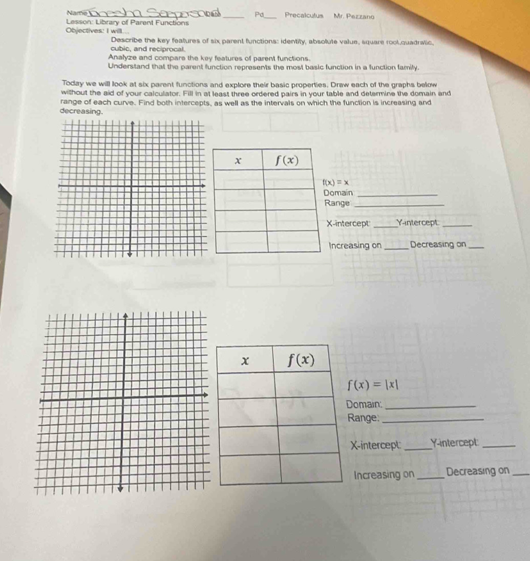 a Pd
Name __Precalculus Mr. Pezzano
Lesson: Library of Parent Functions
Objectives: I will...
Describe the key features of six parent functions: identity, absolute value, square rool quadratic,
cubic, and reciprocal.
Analyze and compare the key features of parent functions.
Understand that the parent function represents the most basic function in a function family.
Today we will look at six parent functions and explore their basic properties. Draw each of the graphs below
without the aid of your calculator. Fill in at least three ordered pairs in your table and determine the domain and
range of each curve. Find both intercepts, as well as the intervals on which the function is increasing and
decreasing.
f(x)=x
omain_
ange_
-intercept _Yintercept_
Increasing on _Decreasing on_
f(x)=|x|
Domain:_
Range:_
X-intercept _Y-intercept_
Increasing on _Decreasing on_