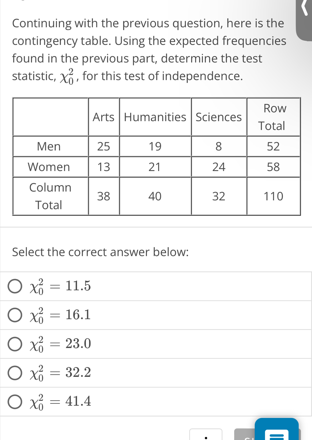 Continuing with the previous question, here is the
contingency table. Using the expected frequencies
found in the previous part, determine the test
statistic, chi _0^2 , for this test of independence.
Select the correct answer below:
chi _0^2=11.5
chi _0^2=16.1
chi _0^2=23.0
chi _0^2=32.2
chi _0^2=41.4