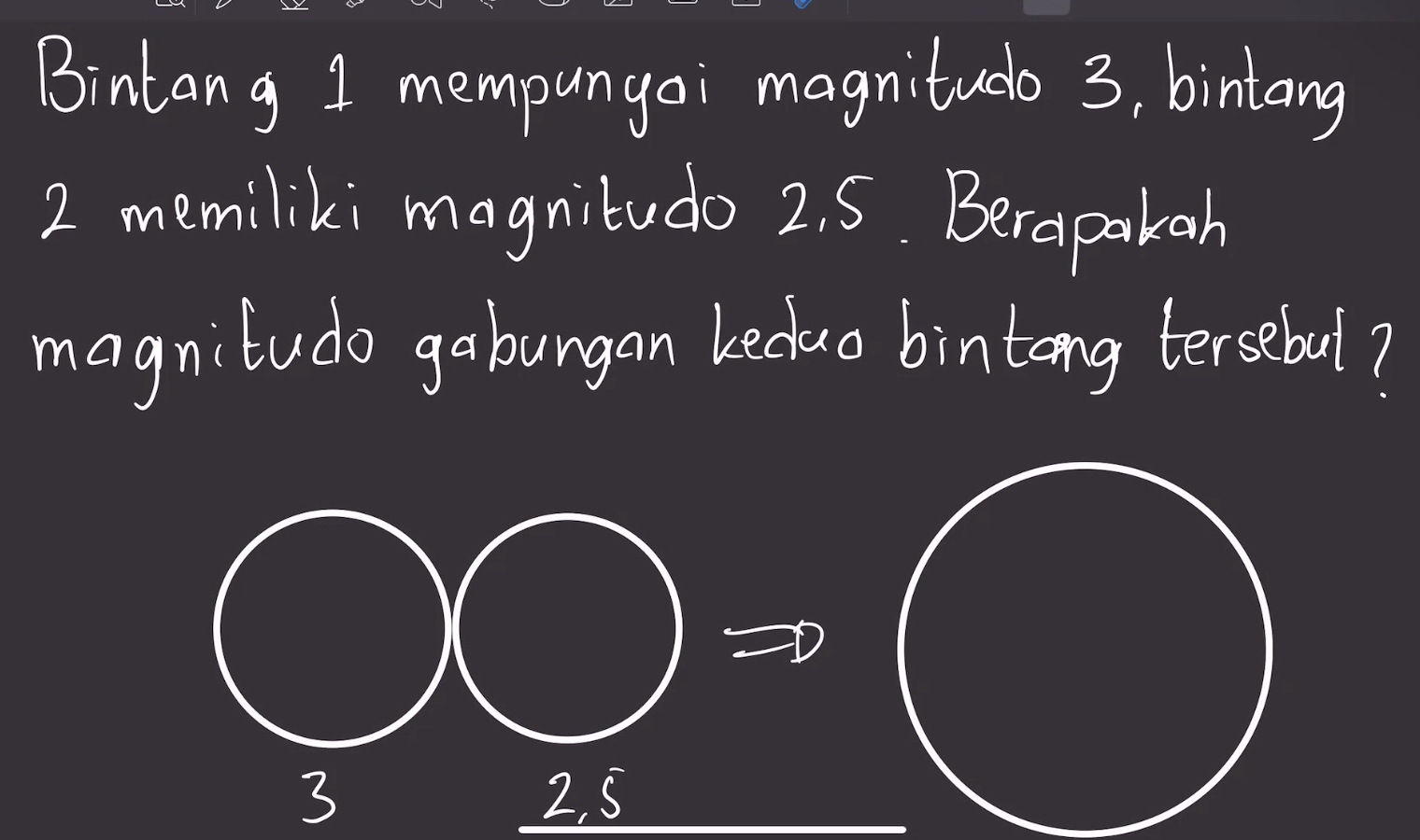 Bintang 1 mempunyai magnitudo 3, bintang
2 memiliki magnitudo 2. 5. Berapakah
magniludo gabungan becdtuo bintong tersebul?
3 2, 5