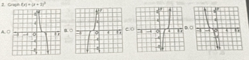 Graph f(x)=(x+3)^3
A. . .