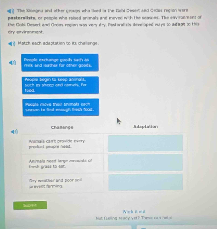 The Xiongnu and other groups who lived in the Gobi Desert and Ordos region were
pastoralists, or people who raised animals and moved with the seasons. The environment of
the Gobi Desert and Ordos region was very dry. Pastoralists developed ways to adapt to this
dry enviranment.
Match each adaptation to its challenge.
People exchange goods such as
milk and leather for other goods.
People begin to keep animals,
such as sheep and camels, for
food.
People move their animals each
season to find enough fresh food.
Challenge Adaptation
D1
Animals can't provide every
product people need.
Animals need large amounts of
fresh grass to eat.
Dry weather and poor soil
prevent farming.
Submit
Work it out
Not feeling ready yet? These can help: