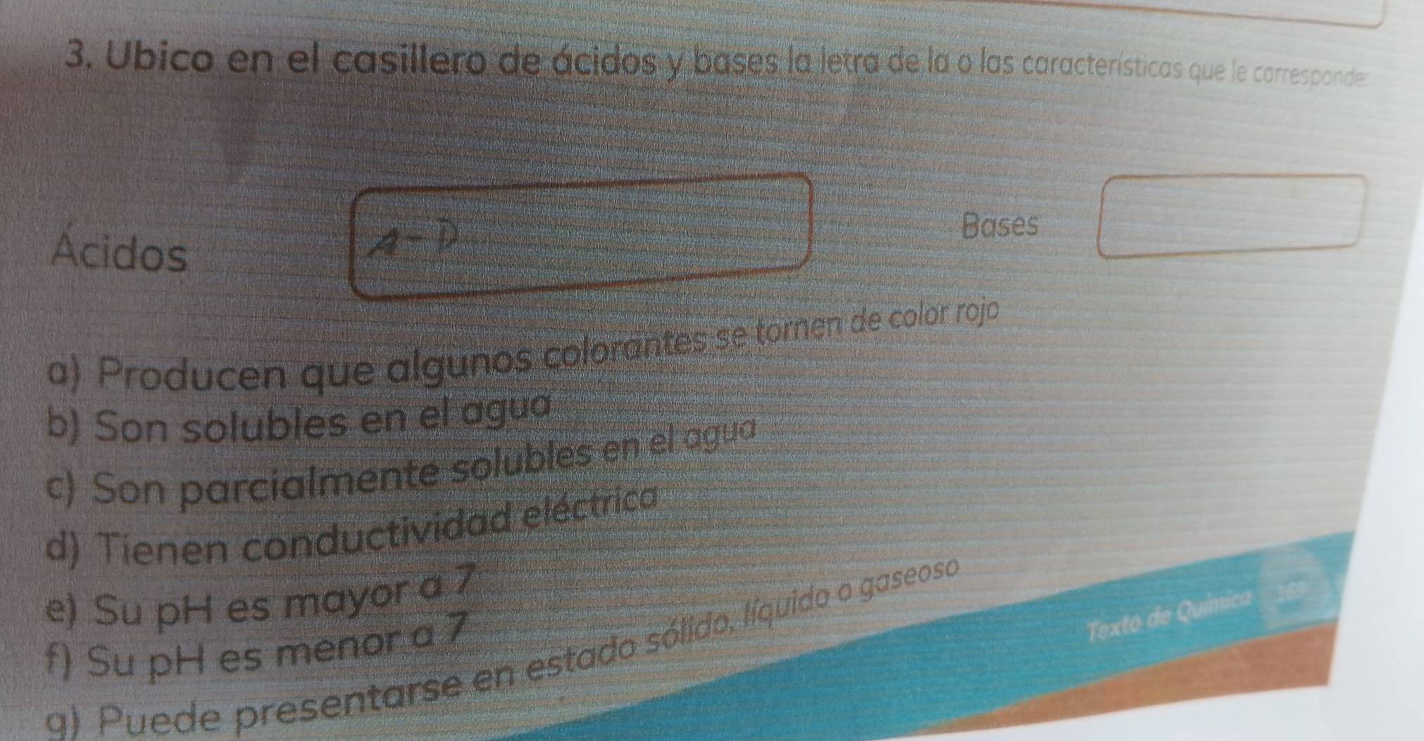 Ubico en el casillero de ácidos y bases la letra de la o las características que le corresponde 
Acidos 
A-D 
Bases 
a) Producen que algunos colorantes se tornen de color rojo 
b) Son solubles en el agua 
c) Son parcialmente solubles en el agua 
d) Tienen conductividad eléctrica 
e) Su pH es mayor a 7
f) Su pH es menor a 7
Texto de Química 
q) Puede presentarse en estado sólido, líquido o gaseoso