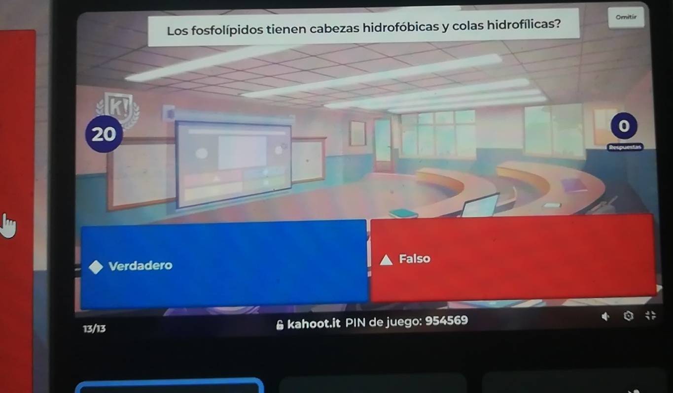 Los fosfolípidos tienen cabezas hidrofóbicas y colas hidrofílicas? Omitir
20
Verdadero
Falso
13/13 & kahoot.it PIN de juego: 954569