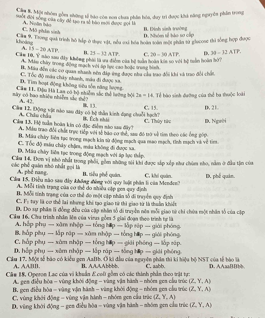 Một nhóm gồm những tế bào còn non chưa phân hóa, duy trì được khả năng nguyên phân trong
suốt đời sống của cây để tạo ra tế bào mới được gọi là
A. Noãn bào
C. Mô phân sinh
B. Đinh sinh trưởng
D. Nhóm tế bào sơ cấp
Câu 9. Trong quá trình hô hấp ở thực vật, nếu oxi hóa hoàn toàn một phân tử glucose thì tổng hợp được
khoảng
A. 15-20ATF ) B. 25 - 32 ATP. C. 20 - 30 ATP. D. 30-32 ATP.
Câu 10. Ý nào sau đây không phải là ưu điểm của hệ tuần hoàn kín so với hệ tuần hoàn hở?
A. Máu chảy trong động mạch với áp lực cao hoặc trung bình.
B. Máu đến các cơ quan nhanh nên đáp ứng được nhu cầu trao đổi khí và trao đổi chất.
C. Tốc độ máu chảy nhanh, máu đi được xa.
D. Tim hoạt động không tiêu tốn năng lượng.
Câu 11. Đậu Hà Lan có bộ nhiễm sắc thể lưỡng bội 2n=14. Tế bào sinh dưỡng của thể ba thuộc loài
này có bao nhiêu nhiễm sắc thể?
A. 42. B. 13. C. 15.
D. 21.
Câu 12. Động vật nào sau đây có hệ thần kinh dạng chuỗi hạch?
A. Châu chấu B. Ếch nhái
C. Thủy tức D. Người
Câu 13. Hệ tuần hoàn kín có đặc điểm nào sau đây?
A. Máu trao đổi chất trực tiếp với tế bào cơ thể, sau đó trở về tim theo các ống góp.
B. Máu chảy liên tục trong mạch kín từ động mạch qua mao mạch, tĩnh mạch và về tim.
C. Tốc độ máu chảy chậm, máu không đi được xa.
D. Máu chảy liên tục trong động mạch với áp lực thấp.
Câu 14. Đơn vị nhỏ nhất trong phối, gồm những túi khí được sắp xếp như chùm nho, nằm ở đầu tận của
các phế quản nhỏ nhất gọi là
A. phế nang. B. tiểu phế quản. C. khí quản. D. phế quản.
Câu 15. Điều nào sau đây không đúng với quy luật phân li của Menđen?
A. Mỗi tính trạng của cơ thể do nhiều cặp gen quy định
B. Mỗi tính trạng của cơ thể do một cặp nhân tố di truyền quy định
C. Fị tuy là cơ thể lai nhưng khi tạo giao tử thì giao tử là thuần khiết
D. Do sự phân li đồng đều của cặp nhân tố di truyền nên mỗi giao tử chi chứa một nhân tố của cặp
Câu 16. Chu trình nhân lên của virus gồm 5 giai đoạn theo trình tự là
A. hấp phụ  xâm nhập  tổng hệp → lắp ráp — giải phóng.
B. hấp phụ  lắp ráp → xâm nhập → tổng hợp → giải phóng.
C. hấp phụ → xâm nhập → tổng hệp → giải phóng → lắp ráp.
D. hấp phụ → xâm nhập → lắp ráp → tổng hệp → giải phóng.
Câu 17. Một tế bào có kiểu gen AaBb. Ở kì đầu của nguyên phân thì kí hiệu bộ NST của tế bào là
A. AABB. B. AAAAbbbb. C. aabb. D. AAaaBBbb.
Câu 18. Operon Lac của vi khuẩn E.coli gồm có các thành phần theo trật tự:
A. gen điều hòa - vùng khởi động - vùng vận hành - nhóm gen cấu trúc (Z,Y,A)
B. gen điều hòa - vùng vận hành - vùng khởi động - nhóm gen cấu trúc (Z,Y,A)
C. vùng khởi động - vùng vận hành - nhóm gen cấu trúc (Z,Y,A)
D. vùng khởi động - gen điều hòa - vùng vận hành - nhóm gen cấu trúc (Z,Y,A)