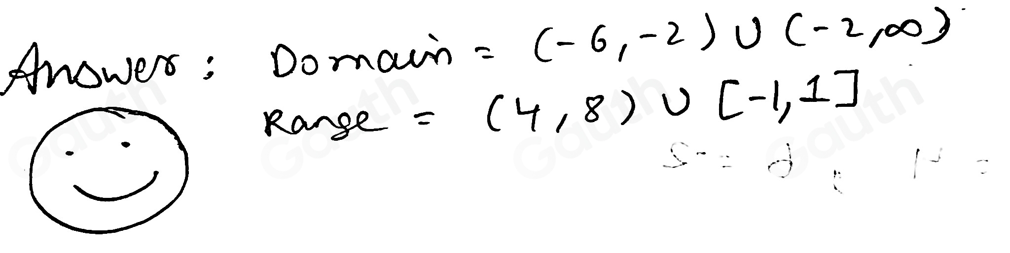 Anowes; Domain =(-6,-2)∪ (-2,∈fty )
Range =(4,8)∪ [-1,1]