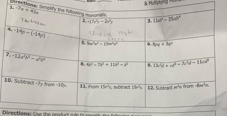 Beir.
& Multiplying Mon
Directions:
1
Directions: Use the product rule to simplify the foll