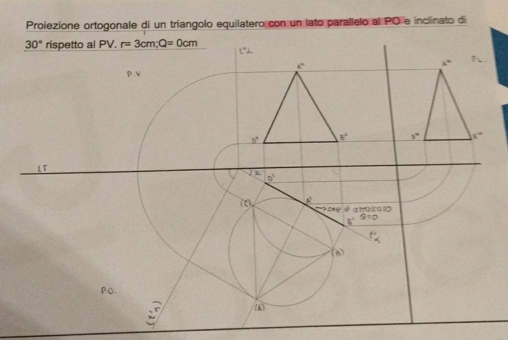 Proiezione ortogonale di un triangolo equilatero con un lato parallelo al PO e inclinato di
30° rispetto al PV. r=3cm;Q=0cm
a^x
5°