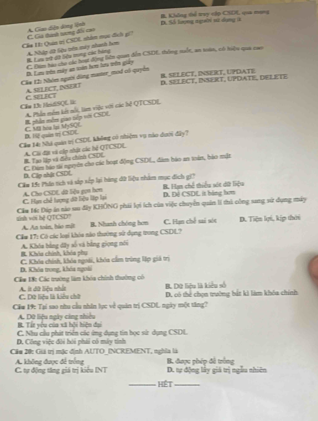 B. Không thể tray cặp CSDL qua mạng
A. Giao diễn đồng liệnh
D. Số lượng người sử dụng t
C. Giả tanh trung đối cao
Cầu HI: Quán trị CSDL nâm mục địch gi?
A. Nhập dt liệu trên máy nhanh hơm
B. Lim mt dit liệu mng các bảng
C. Đúm bio củo các hoạt động liên quan đến CSDL thông suốt, an tán, có hiệu quả cao
D. Lưo trên máy an trên hơo lưo trên giấy
B. SELECT, INSERT, UPDATE
Cia I2: Nhóm người dùng master_mad có quyển
D. SELECT, INSERT, UPDATE, DELETE
A. SELECT, INSERT
C. SEL ECT
Cầu 13: HedSQU I:
A. Phần nền kết nổi, lim việc với các hệ QTCSDL
B phẩn nêm gao tiếp vi CSDE.
C. MI hóa lại MySQL
D. Hệ quản trị CSDL
Cầu H: Nhà quản trị CSDL không có nhiệm vụ nìo dưới đây?
A. Ch đặt và cịp nhật các hệ QTCSDL
B. Tạo lập và điều chính CSDL
C. Đám báo tế nguyên cho các hoạt động CSDL, đâm bảo an toín, bào mặt
D. Cập thật CSDL
Căm 15: Phần tích và sáp xếp lại hàng đữ liệu nhâm mục đích gi?
A. Cho CSDL dữ liệu gọa hơn B. Hạn chế thiểu sót dữ liệu
C. Hạn chế lượng dữ liệu lập lại D. Đê CSDL í bằng hơm
Ciu 16: Đúp ín nào sau đây KHÔNG phi li ích của việc chuyển quản lI thì công sang sử dụng máy
tính với hệ QTCSD?
A. An tain, bio một B. Nhanh chóng hơn C. Hạn chế sai sót D. Tiện lợi, kýp thời
Cim 17: Có các loại khóc nào thường sử dụng trong CSDL?
A. Khón bằng dây số và bằng giọng nói
B. Khía chính, khía phụ
C. Khóa chíh, khóa người, khóa cầm trùng lặp giả trị
D. Khíu trong, khóa ngoài
Cầu 18: Các trưởng lãm khóa chính thường có
Au là dữ hiệu nhất B. Dữ liệu là kiểu số
C. Dữ liệu là kiêu chữ D. có thể chọa trường bắt kì làm khóa chính
Cầu 19: Tại sao nhu cầu nhân lực về quản trị CSDL ngày một tăng?
A. Dữ liệu ngày cảng nhiêu
B. Tất yếu của xã hội hiện đại
C. Nhu câu phát triển các ứng dụng tín học sử dụng CSDL.
D. Công việc đời hải phải có máy tính
Cầu 20: Giá trị mặc định AUTO_INCREMENT, nghĩa là
A. không được đế trống B. được phép đề trống
C. tự động tăng giá trị kiểu INT D. tự động lấy giá trị ngẫm nhiên
_Hết_