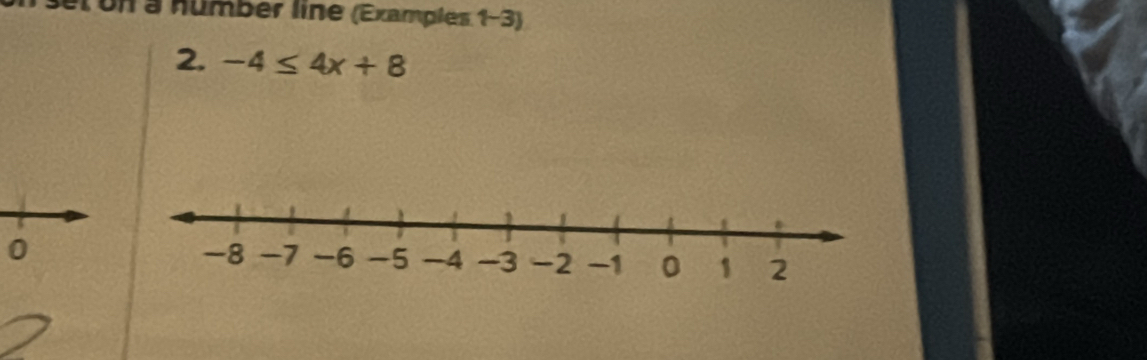 el un a number line (Examples 1-3) 
2. -4≤ 4x+8
0