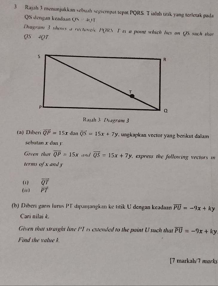 Rajah 3 menunjukkan sebuah segiempat tepat PQRS. T ialah titik yang terletak pada
QS dengan keadaan QS=4QT
Diagram 3 shows a rectangle PQRS T is a point which lies on QS such that
QS 4QT
Rajah 3 Diagram 3 
(a) Diberi vector QP=15x dan vector QS=15x+7y. ungkapkan vector yang berikut dalam 
sebutanx dan y
Given that overline QP=15x and overline QS=15x+7y , express the following vectors m
terms of x and y
(1) vector QT
(ii) vector PT
(b) Diberi garıs lurus PT dipanjangkan ke titik U dengan keadaan overline PU=-9x+ky
Cari nilai k. 
Given that straight line PT is extended to the point U such that overline PU=-9x+ky
Find the value k. 
[7 markah/7 marks