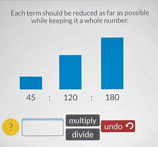 Each term should be reduced as far as possible 
while keeping it a whole number. 
□ 
45:120:180
? □ multiply 
undo つ 
divide