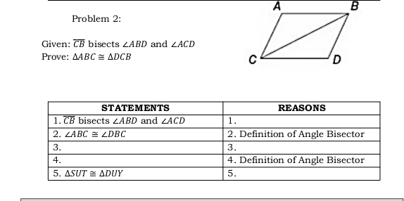 Problem 2:
Given: overline CB bisects ∠ ABD and ∠ ACD
Prove: △ ABC≌ △ DCB