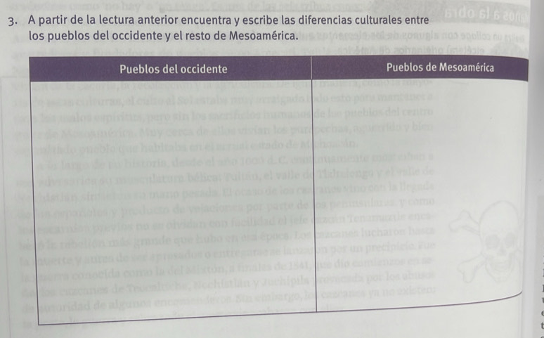 A partir de la lectura anterior encuentra y escribe las diferencias culturales entre 
los pueblos del occidente y el resto de Mesoamérica.