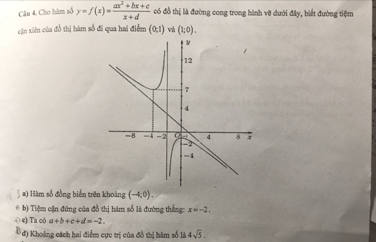 Cho hàm số y=f(x)= (ax^2+bx+c)/x+d  có đồ thị là đường cong trong hình vẽ dưới đây, biết đường tiệm
cận xiên của đồ thị hàm số đi qua hai điểm (0;1) và (1;0).
a) Hàm số đồng biến trên khoảng (-4;0). 
b) Tiệm cận đứng của đồ thị hàm số là đường thẳng: x=-2. 
c) Ta có a+b+c+d=-2.
d) Khoảng cách hai điểm cực trị của 80° thị hàm số là 4sqrt(5).