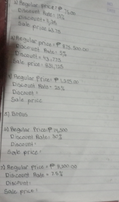 Solved: Regular price =P75.00 Discount Rate: 15% piscount =11.25 sale ...