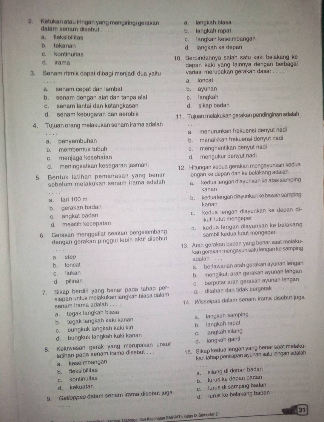 Ketukan atau iringan yang mengiringi gerakan a. langkah biasa
dalam senam disebut . . . . b. langkah rapat
a. fleksibilitas c. langkah keseimbangan
b. tekanan d. langkah ke depan
c. kontinuitas
d. irama 10. Berpindahnya salah satu kaki belakang ke
depan kaki yang lainnya dengan berbagai
3. Senam ritmik dapat dibagi menjadi dua yaitu variasi merupakan gerakan dasar . . . .
a. loncat
a. senam cepat dan lambat b. ayunan
b. senam dengan alat dan tanpa alat c. langkah
c. senam`lantai dan ketangkasan d. sikap badan
d. senam kebugaran dan aerobik
11. Tujuan melakukan gerakan pendinginan adalah
4. Tujuan orang melakukan senam irama adalah
a. menurunkan frekuensi denyut nadi
a. penyembuhan b. menaikkan frekuensi denyut nadi
b. membentuk tubuh c. menghentikan denyut nadi
c. menjaga kesehatan d. mengukur denyut nadi
d. meningkatkan kesegaran jasmani 12. Hitungan kedua gerakan mengayunkan kedua
5. Bentuk latihan pemanasan yang benar lengan ke depan dan ke belakang adalah . . . .
sebelum melakukan senam irama adalah a. kedua lengan diayunkan ke atas samping
kanan
a. lari 100 m b. kedua lengan diayunkan ke bawah samping
b. gerakan badan
kanan
c. angkat badan c. kedua lengan diayunkan ke depan di-
d. melatih kecepatan ikuti lutut mengeper
6. Gerakan menggeliat seakan bergelombang d. kedua lengan diayunkan ke belakang
sambil kedua lutut mengeper
dengan gerakan pinggul lebih aktif disebut
13. Arah gerakan badan yang benar saat melaku-
a. step kan gerakan mengayun satu lengan ke samping
adalah . . . .
b. loncat
c. liukan a. berlawanan arah gerakan ayunan lengan
d. pilinan b. mengikuti arah gerakan ayunan lengan
7. Sikap berdiri yang benar pada tahap per- c. berputar arah gerakan ayunan lengan
siapan untuk melakukan langkah biasa dalam d. ditahan dan tidak bergerak
senam irama adalah . . . . 14. Wisselpas dalam senam irama disebut juga
a. tegak langkah biasa
b. tegak langkah kaki kanan a. langkah samping
c. bungkuk langkah kaki kiri b. langkah rapat
d. bungkuk langkah kaki kanan c. langkah silang
8. Keluwesan gerak yang merupakan unsur d. langkah ganti
latihan pada senam irama disebut . . . . 15. Sikap kedua lengan yang benar saat melaku-
a. keseimbangan kan tahap persiapan ayunan satu lengan adalah
b. fleksibilitas
c. kontinuitas a. silang di depan badan
b. lurus ke depan badan
d. kekuatan
9. Galloppas dalam senam irama disebut juga c. lurus di samping badan
d. lurus ke belakang badan
idikan Jasmani, Olahraga, dan Kesehatan SMP/MTs Kelas IX Semester 2 31