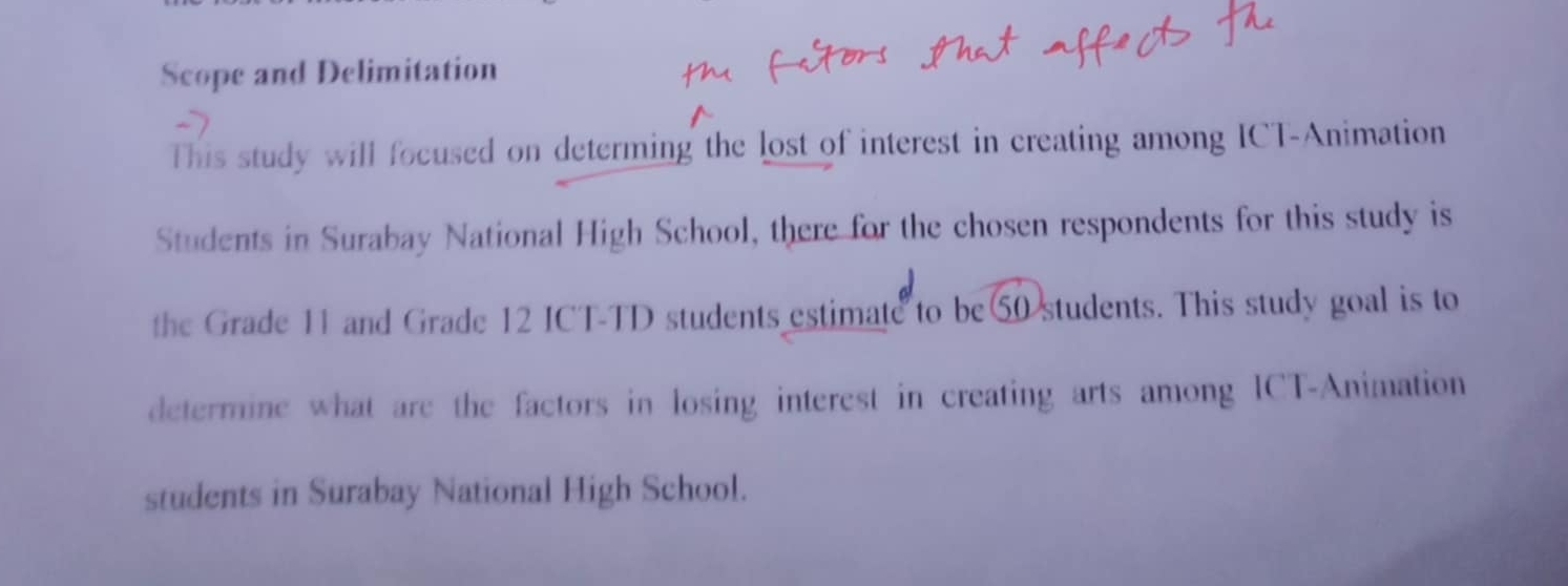 Scope and Delimitation 
This study will focused on determing the lost of interest in creating among ICT-Animation 
Students in Surabay National High School, there for the chosen respondents for this study is 
the Grade 11 and Grade 12 ICT-TD students estimate to be 50 students. This study goal is to 
determine what are the factors in losing interest in creating arts among ICT-Animation 
students in Surabay National High School.