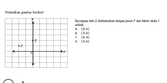 Perhatikan gambar berikut!
Bayangan titik Q didilatasikan dengan pusat P dan faktor skala 3
adalah . ,
A. (0,6)
B. (3,6)
C. (4,4)
D. (4,6)