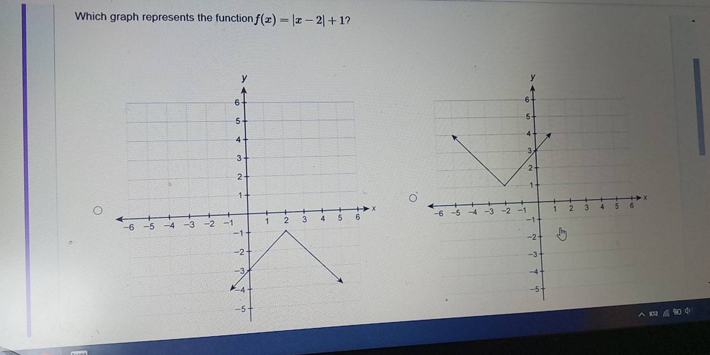 Which graph represents the function f(x)=|x-2|+1

K12