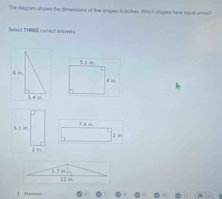 Solved: The diagram shows the dimensions of five shapes in inches ...