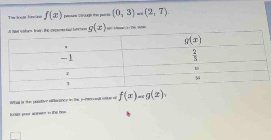 The linear function f(x) passes through the points (0,3)and(2,7).
nential function g(x) are shown in the table.
What is the positive difference in the y-intercept value of f(x) and g(x) ?
Enter your answer in the box.