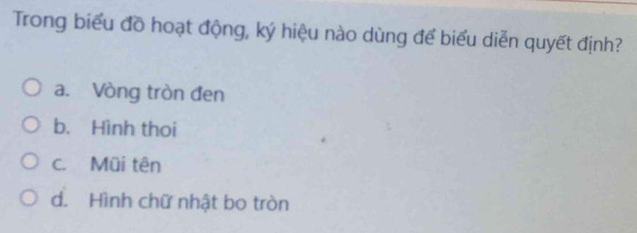 Trong biểu đồ hoạt động, ký hiệu nào dùng để biểu diễn quyết định?
a. Vòng tròn đen
b. Hình thoi
c. Mũi tên
d. Hình chữ nhật bo tròn