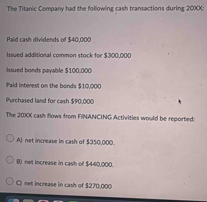 The Titanic Company had the following cash transactions during 20XX :
Paid cash dividends of $40,000
Issued additional common stock for $300,000
Issued bonds payable $100,000
Paid interest on the bonds $10,000
Purchased land for cash $90,000
The 20XX cash flows from FINANCING Activities would be reported:
A) net increase in cash of $350,000.
B) net increase in cash of $440,000.
C) net increase in cash of $270,000