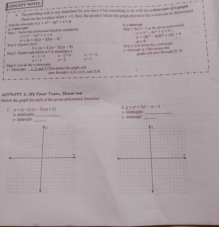 CONCEPT NOTES
The preceding task is very important for you since it has something to do with the x-intercepts of a graph.
These are the x -values when y=0 , thus, the point(s) where the graph intersects the x-axis can be determined
Find the intercepts of y=x^3-4x^2+x+6.
b. y-intercept
a. x-intercepts:
Step 1. Factor the polynomial function completely. Step 1. Set y=x^3-4x^2+x+6 x=0 in the given polynomial.
y=x^3-4x^2+x+6
y=(x+1)(x-2)(x-3)
y=(0)^3-4(0)^2+(0)+6
Step 2. Equate y to 0.
0=(x+1)(x-2)(x-3)
Step 2. List down the y-intercept. y=6
x+1=0 x-2=0 x-3=0 y - intercept: 6 (This means the
Step 3. Equate each factor to 0 to determine x.
graph will pass through (0,6).
x=-1 x=2 x=3
Step 4. List all the x-intercepts.
x - intercepts: - 1. 2. and 3 (This means the graph will
pass through (-1,0), (2,0) , and (3,0). 
ACTIVITY I: It's Your Turn, Show me
Sketch the graph for each of the given polynomial functions.
1. y=(x-1)(x-3)(x+2)
2. y=x^3+3x^2-x-3
x - intercepts: _ x - intercepts:_
y - intercept: _ y - intercept:_