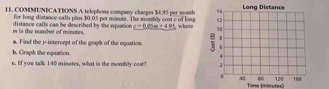 COMMUNICATIONS A telephone company charges $4.95 per month
for long distance calls plus $0.05 per minute. The monthly cost c of long 
distance calls can be described by the equation c=0.05m+4.95 where
m is the number of minutes. 
a. Find the y-intercept of the graph of the equation. 
b. Graph the equation. 
e. If you talk 140 minutes, what is the monthly cost? 
Time (minutes)