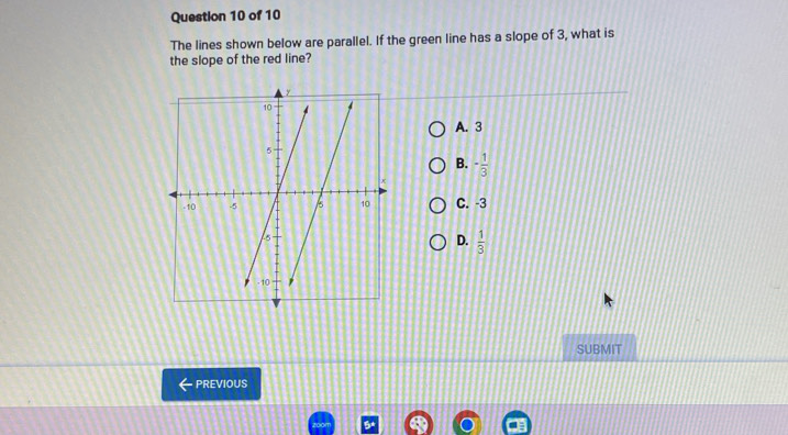 The lines shown below are parallel. If the green line has a slope of 3, what is
the slope of the red line?
A. 3
B. - 1/3 
C. -3
D.  1/3 
SUBMIT
PREVIOUS