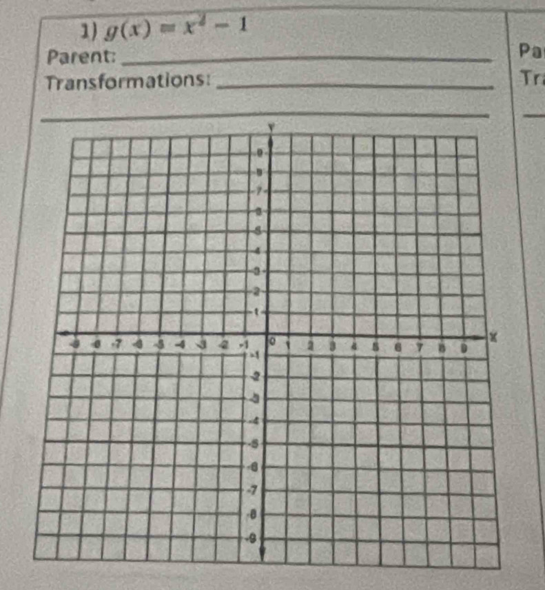 g(x)=x^2-1
Parent:_ 
Pa 
Transformations: _Tr 
_