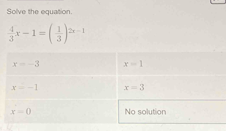 Solve the equation.
 4/3 x-1=( 1/3 )^2x-1